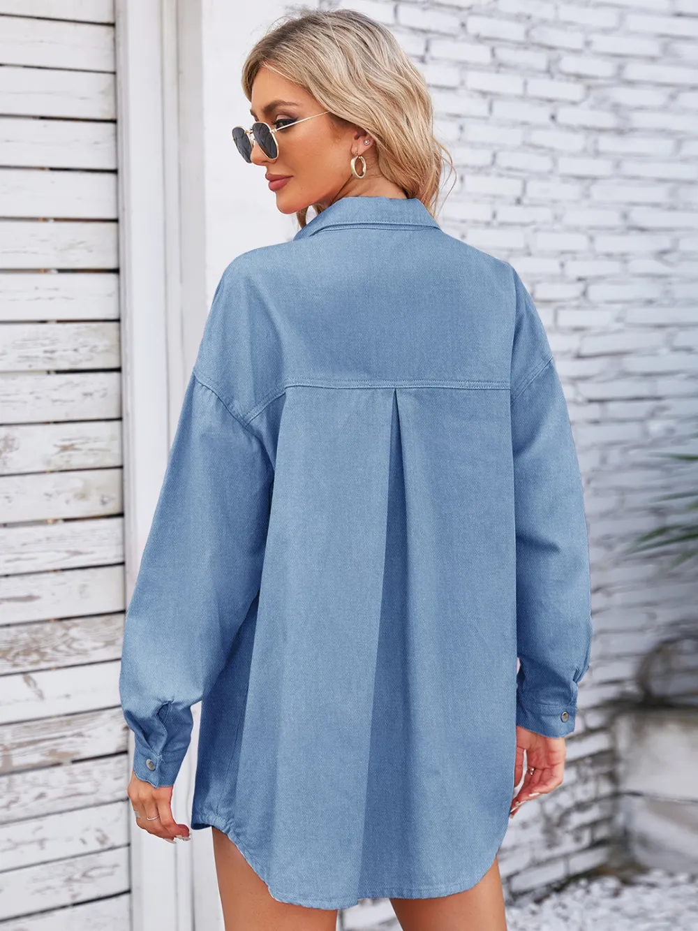 Pocketed Snap Down Dropped Shoulder Denim Shacket, image 3