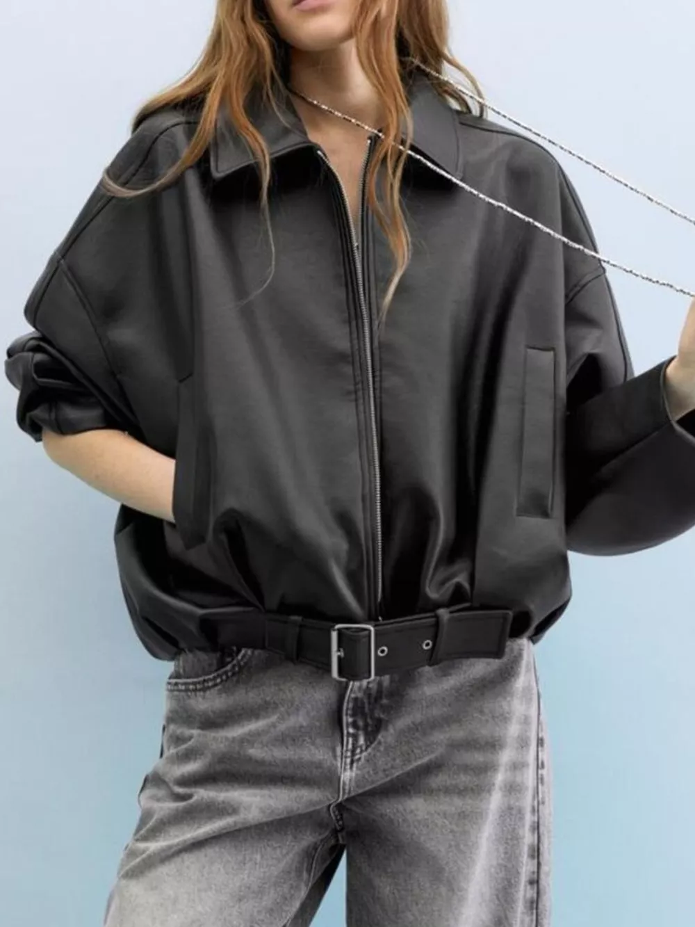 Faux Leather Zip Up Jacket, image 5