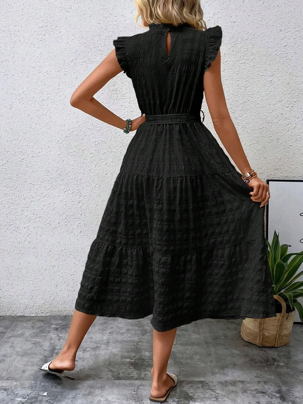 Tied Ruffled Cap Sleeve Midi Dress, image 6