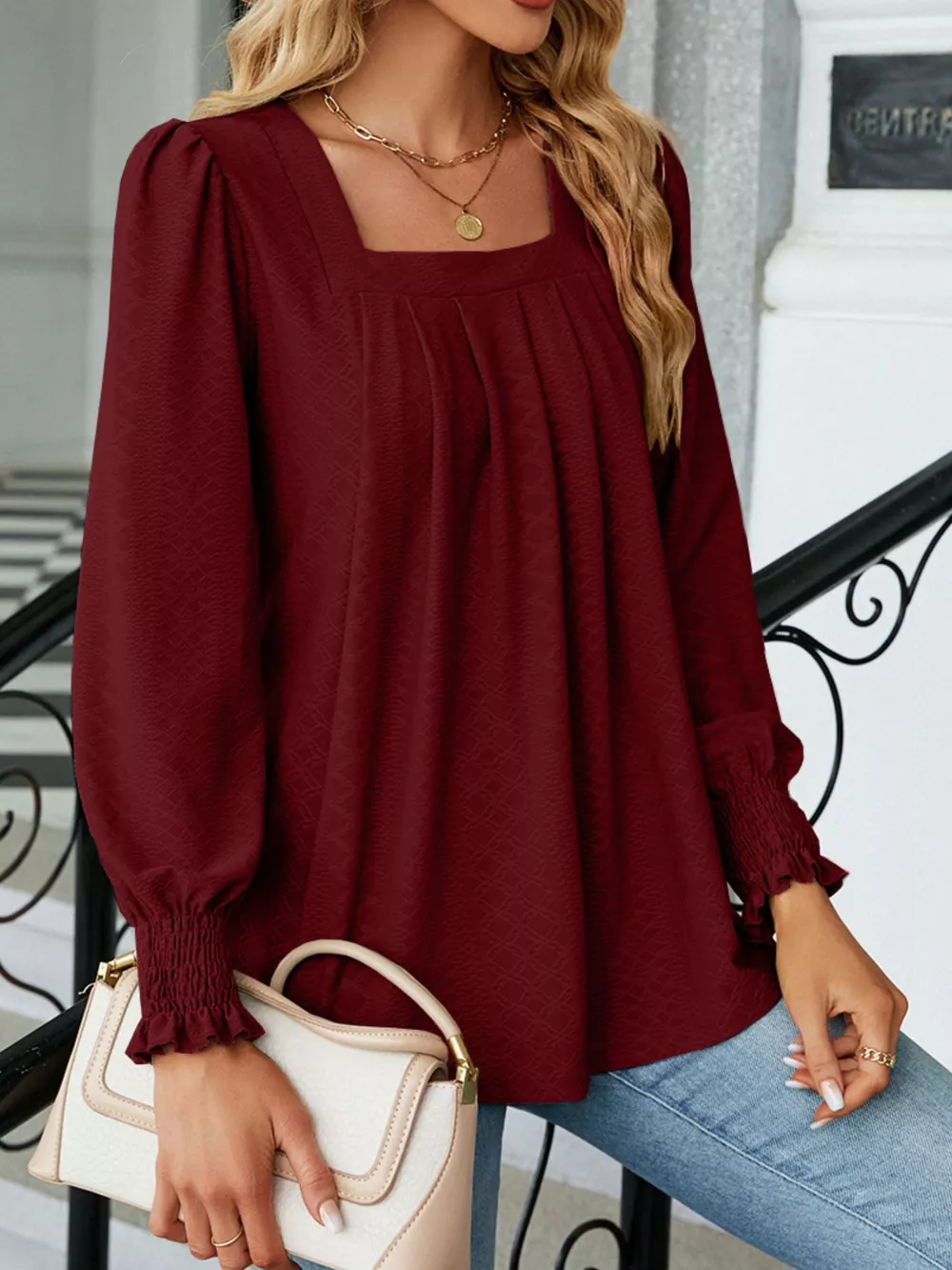 Pleated Square Neck Long Sleeve Top, image 11
