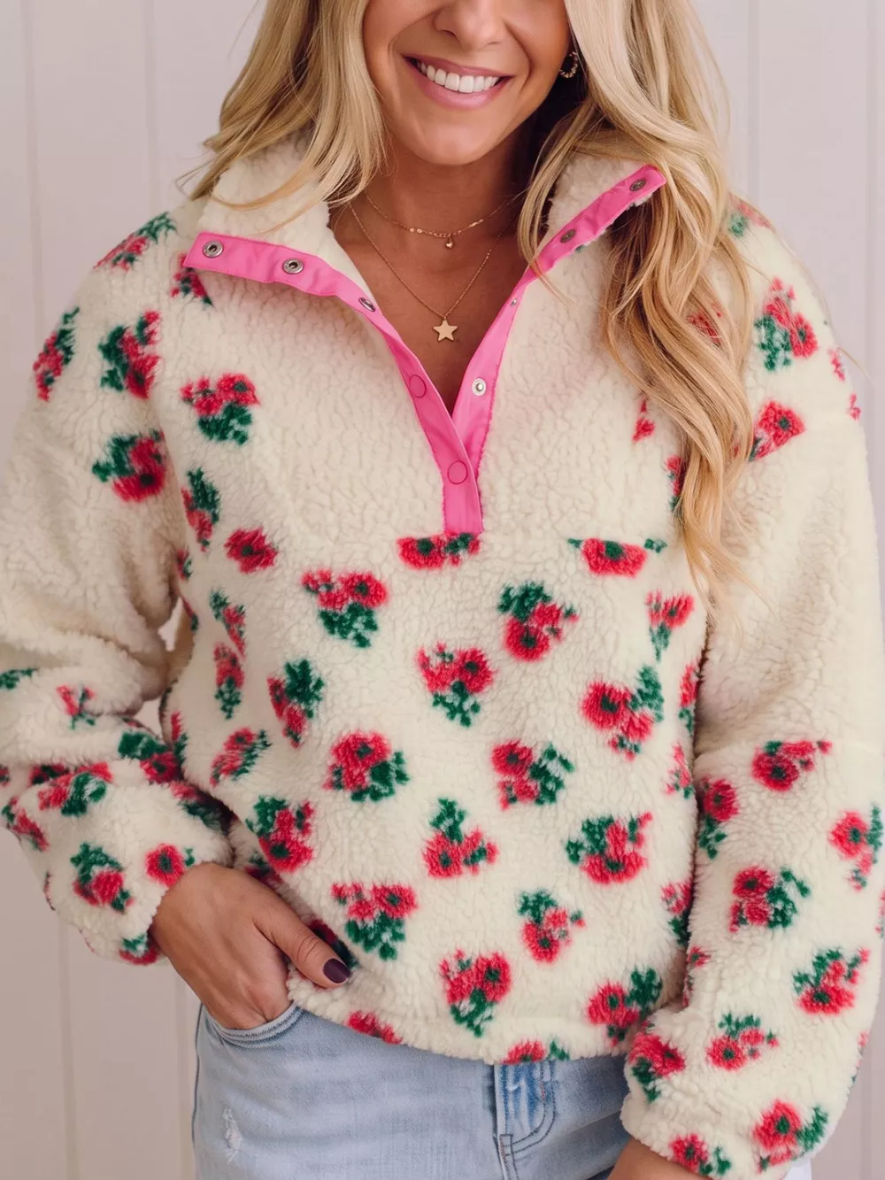 Floral Print Fleece Contrast Trim Button Collar Sweatshirt, image 2