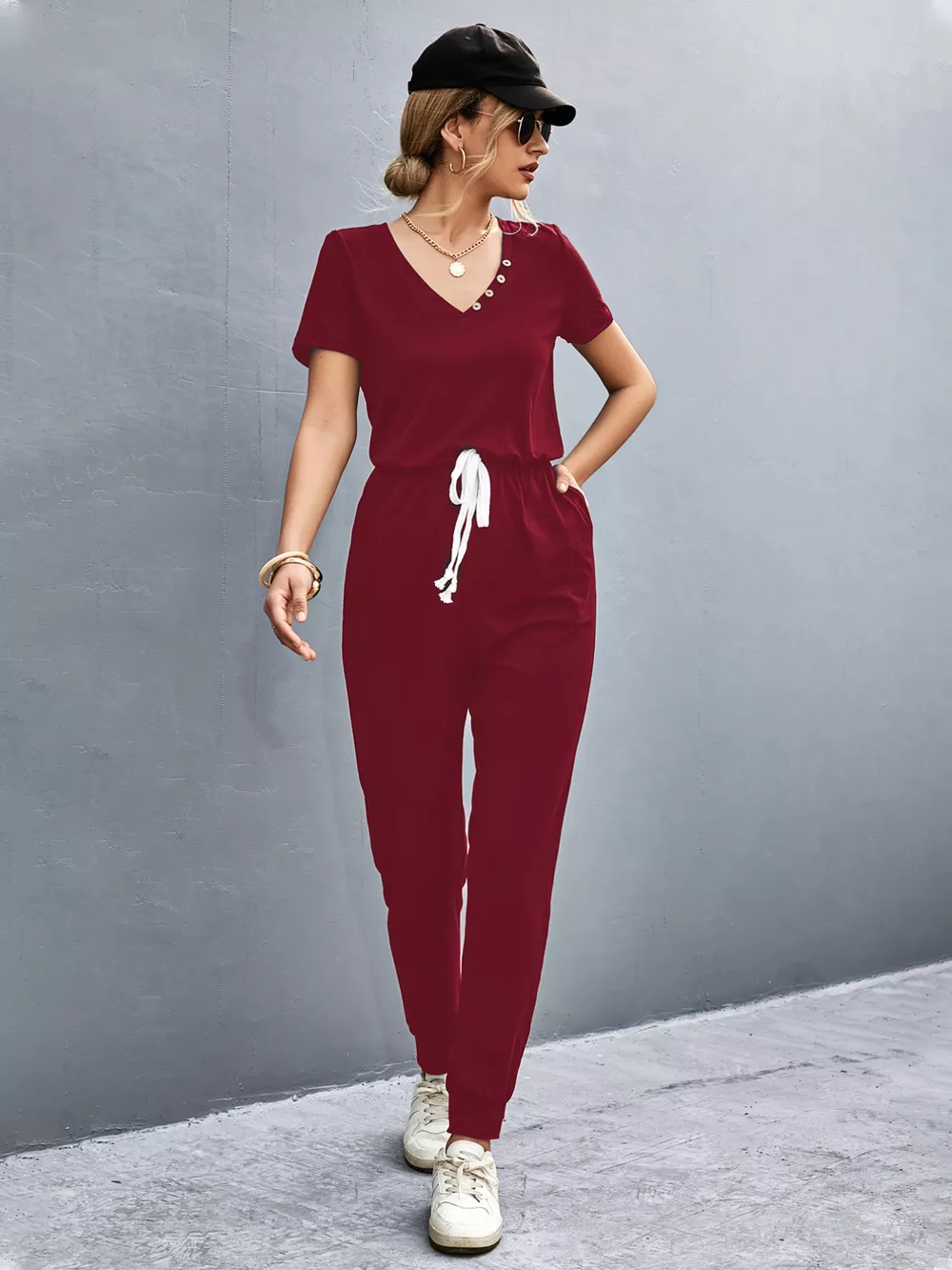 Casual V-Neck Short Sleeve Drawstring Waist Jumpsuit, image 2
