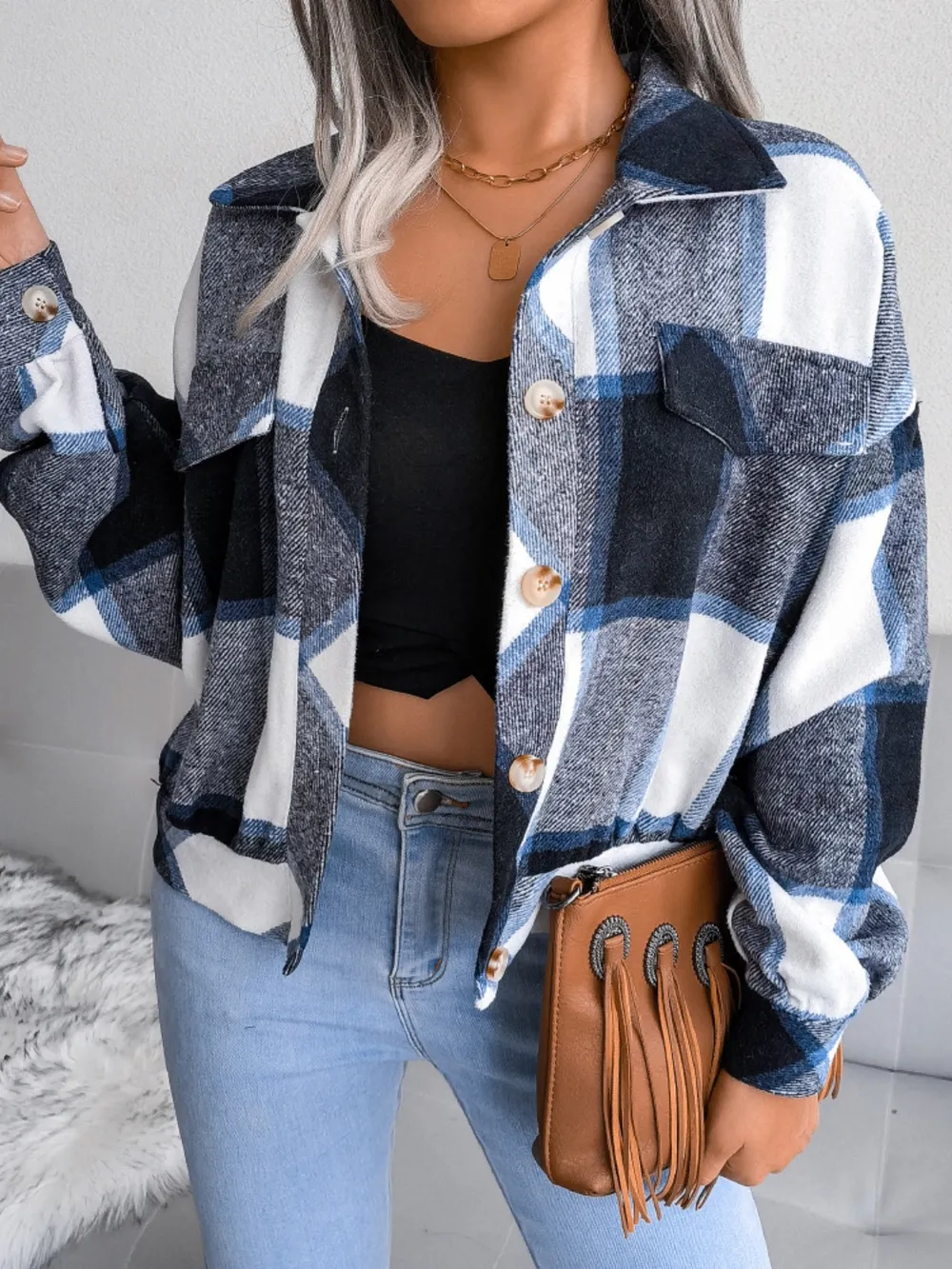 Plaid Collared Neck Long Sleeve Jacket, image 4