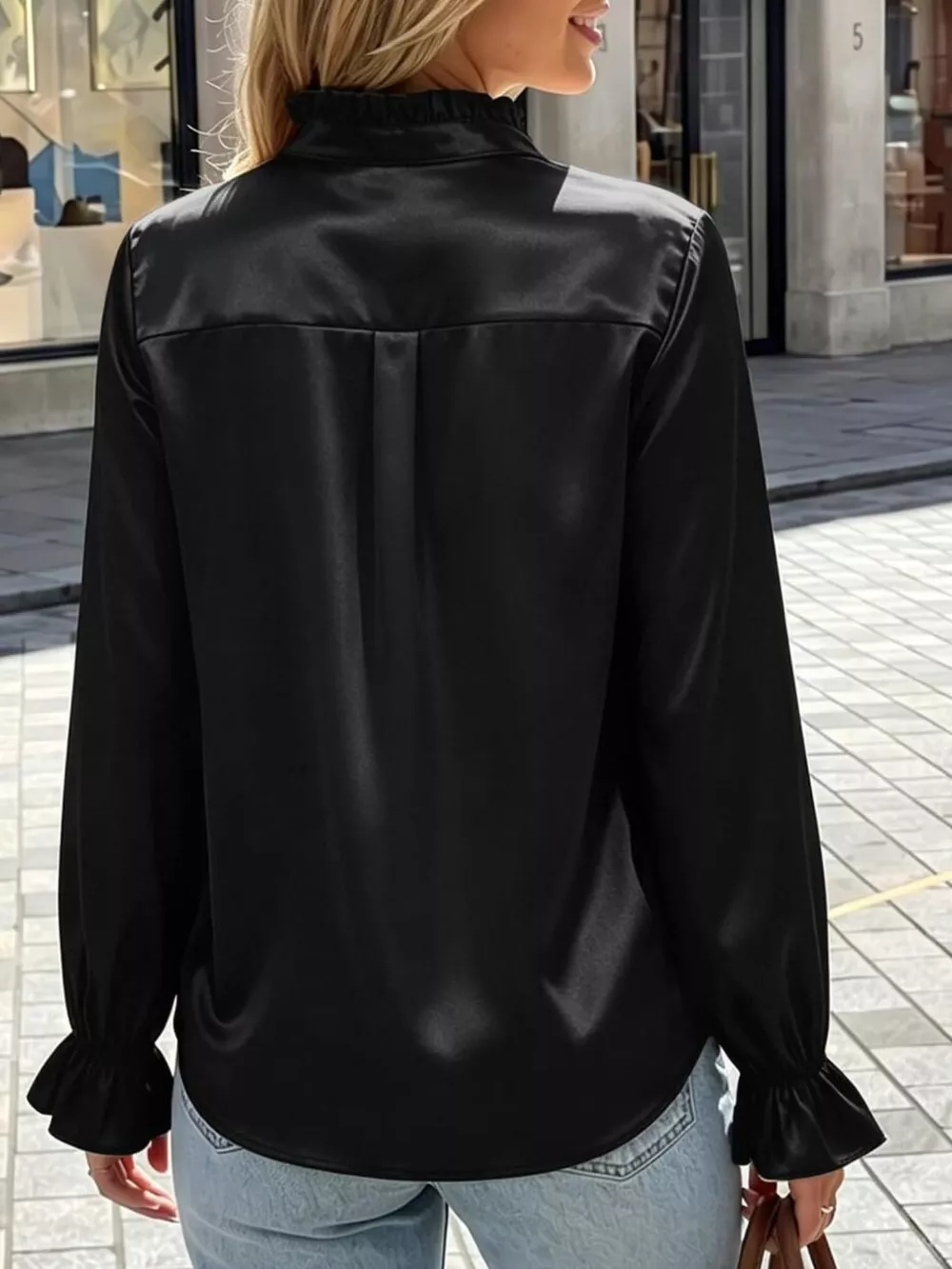 Elegant Button Down Ruffle Trim Satin Shirt, image 18