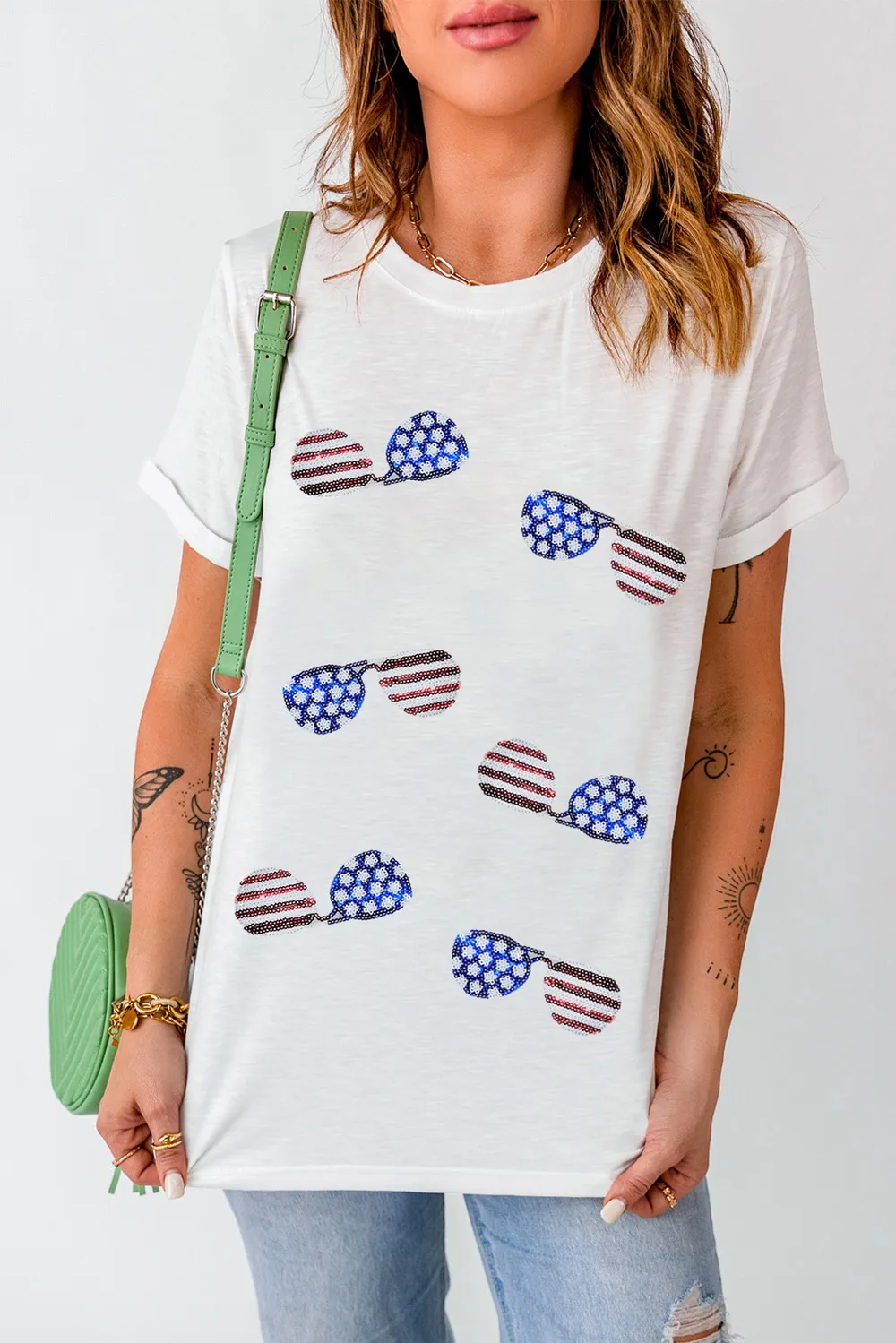 Sequin Round Neck Short Sleeve T-Shirt, image 3