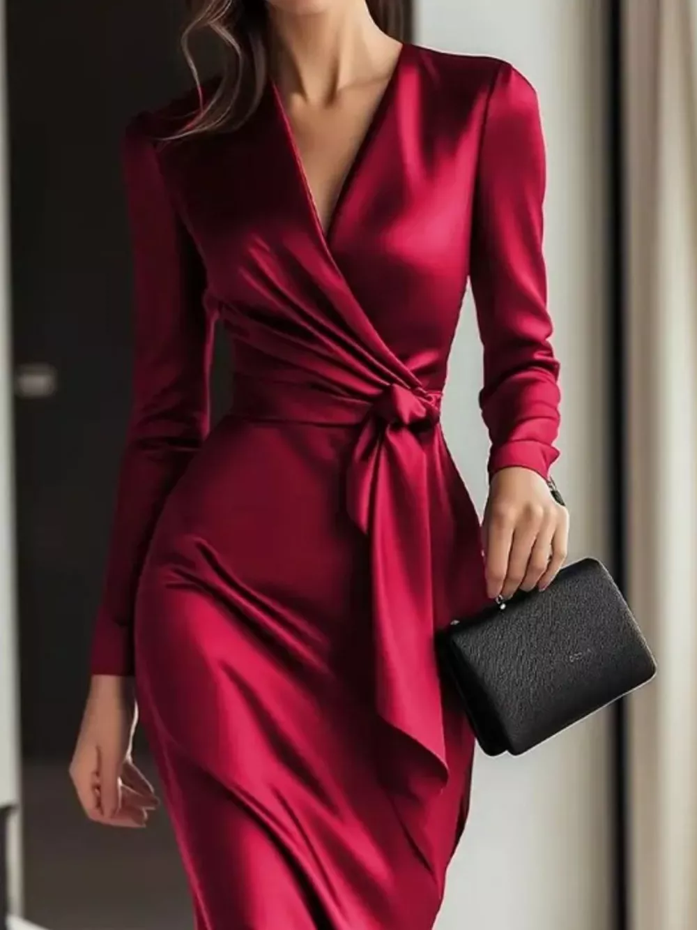 Satin Tie Waist Long Sleeve Dress, image 2