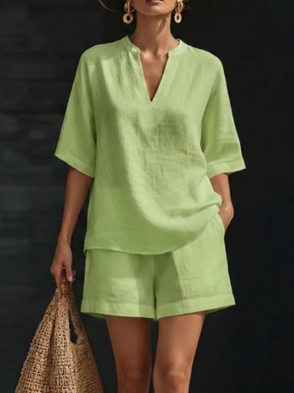 Notched Half Sleeve Top and Shorts Set, image 5