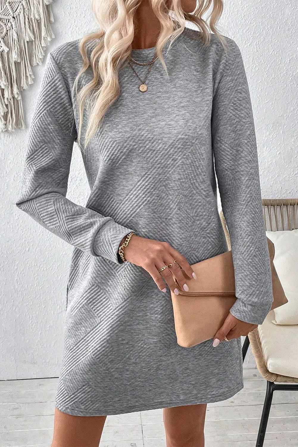 Textured Round Neck Long Sleeve Mini Dress, image 3
