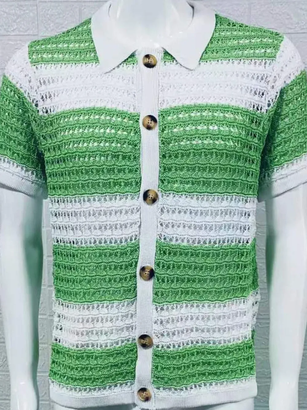 Men's Button Down Collared Neck Contrast Openwork Shirt, image 11