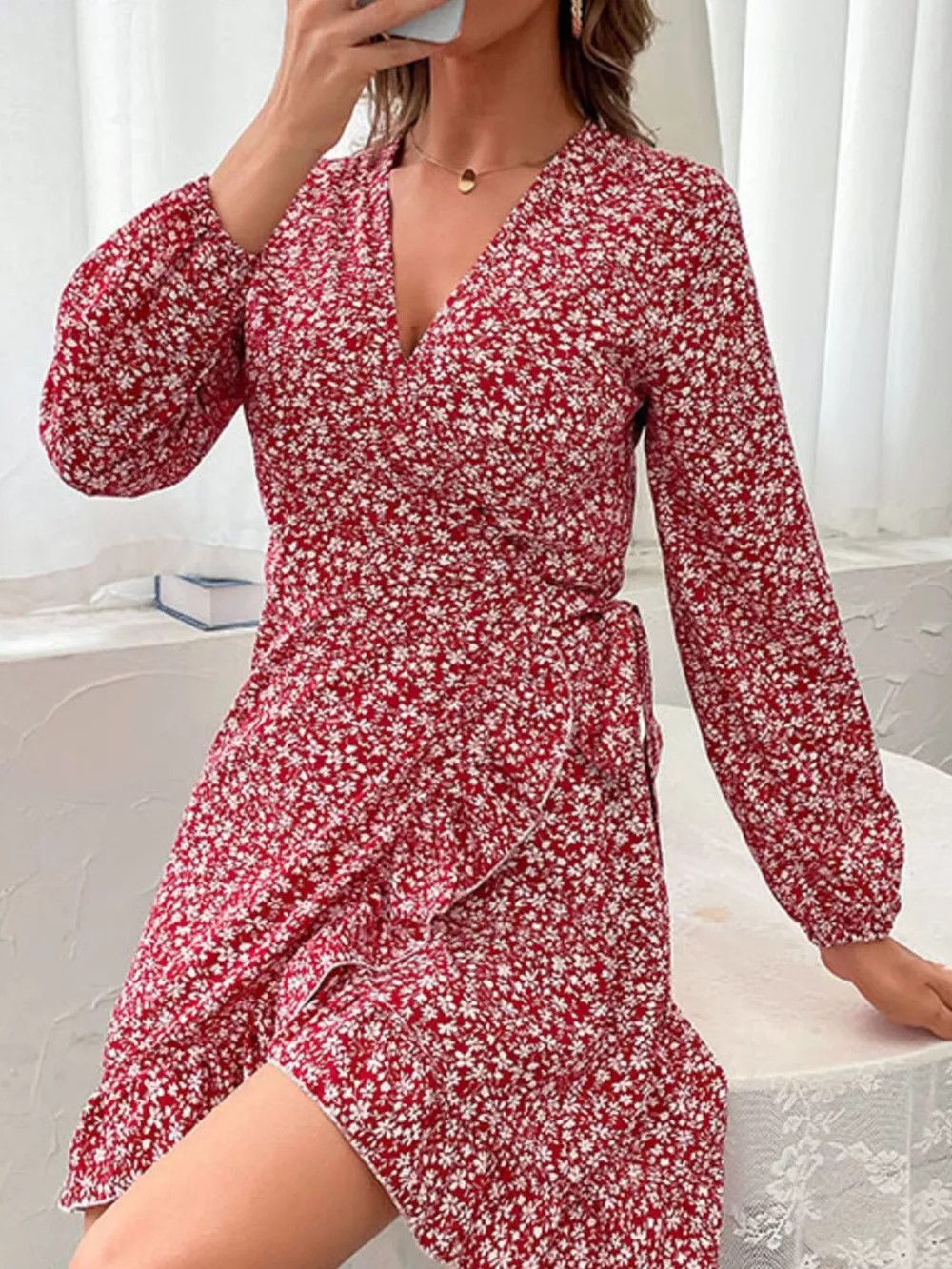 Floral Print Wrap Mini Dress, image 2
