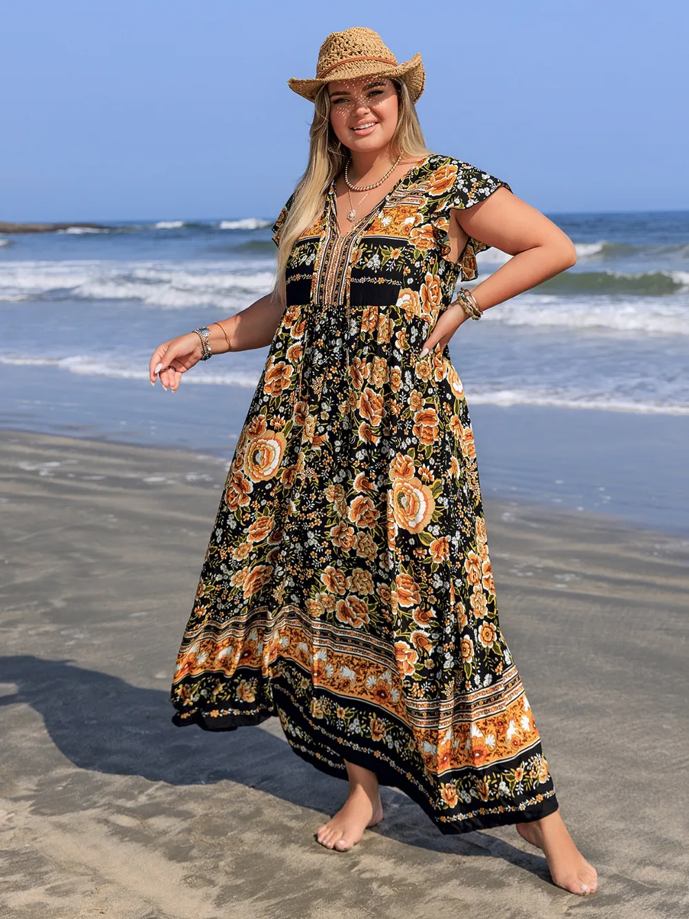 Plus Size Printed V-Neck Ruffle Cap Sleeve Maxi Dress, image 3