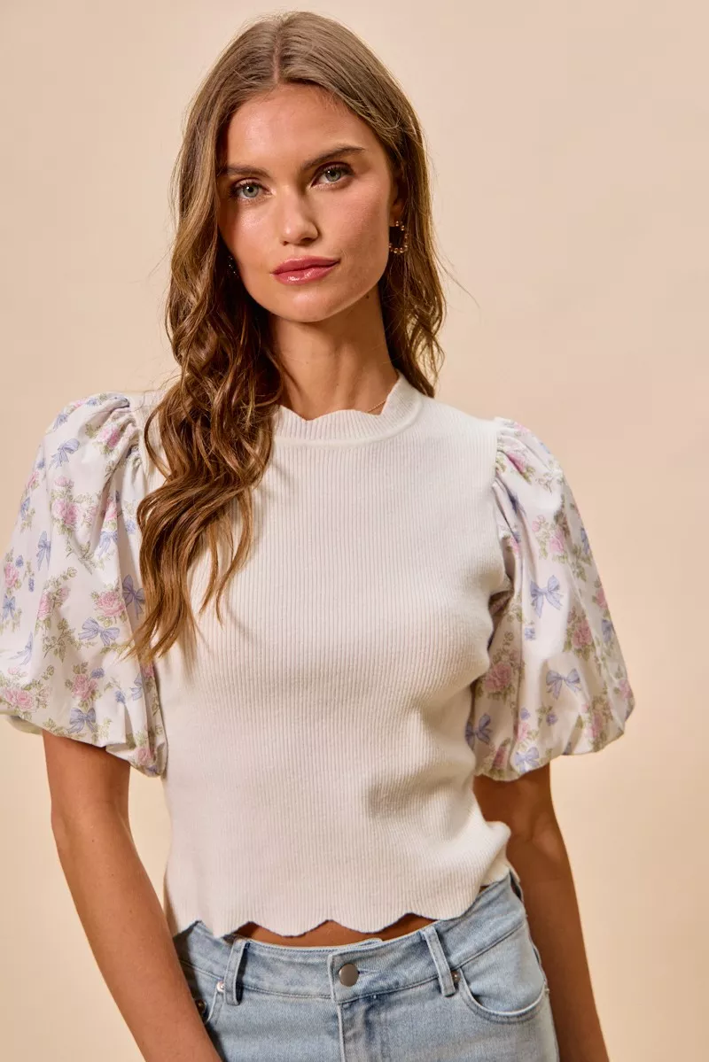 Floral Cotton Contrast Sleeves Scallop Sweater Top, image 7