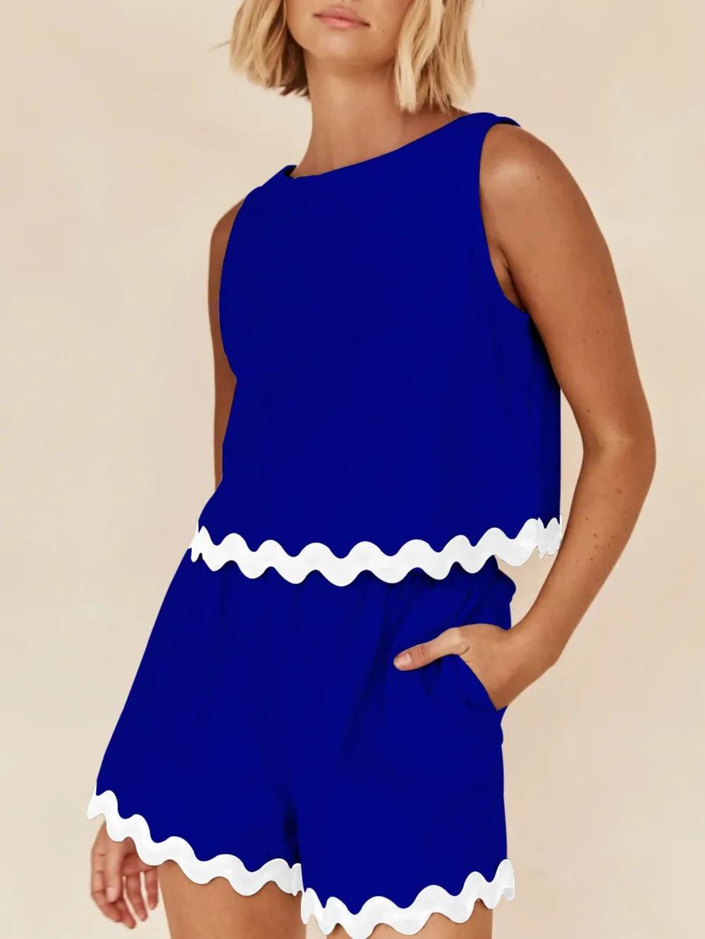 Contrast Trim Round Neck Tank and Shorts Set, image 12