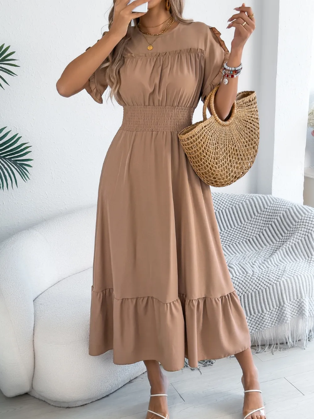 Smocked Frill Round Neck Midi Dress, image 5