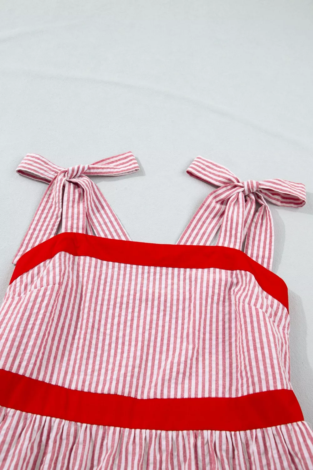 Stripe Bow Knot Straps Contrast Trim High Waist Ruffle Hem Maxi Dress, image 10
