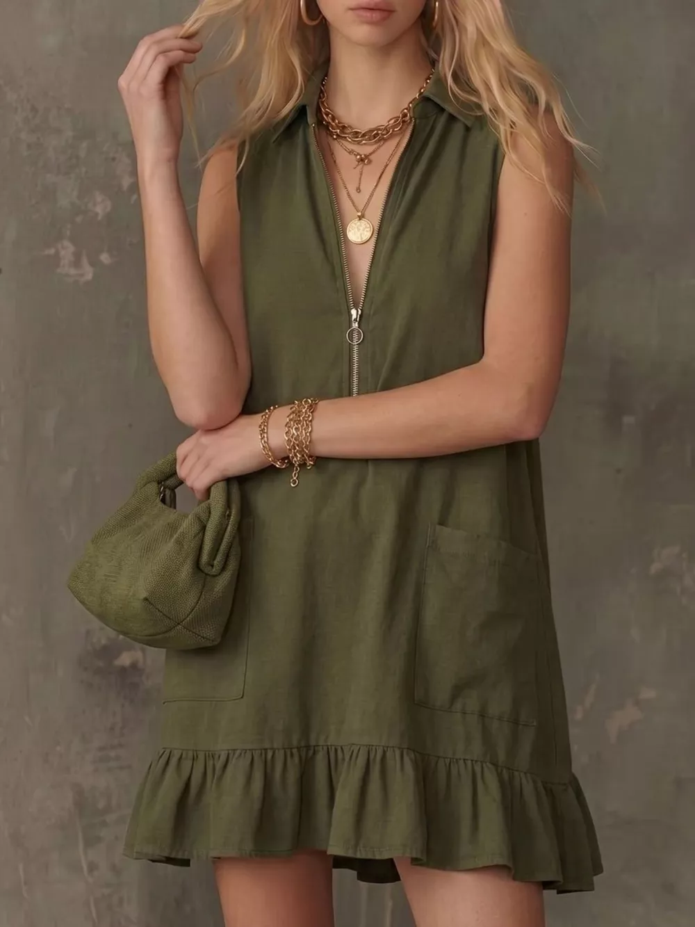 Sleeveless Collared Zip-Front Ruffle Hem Dress, image 2