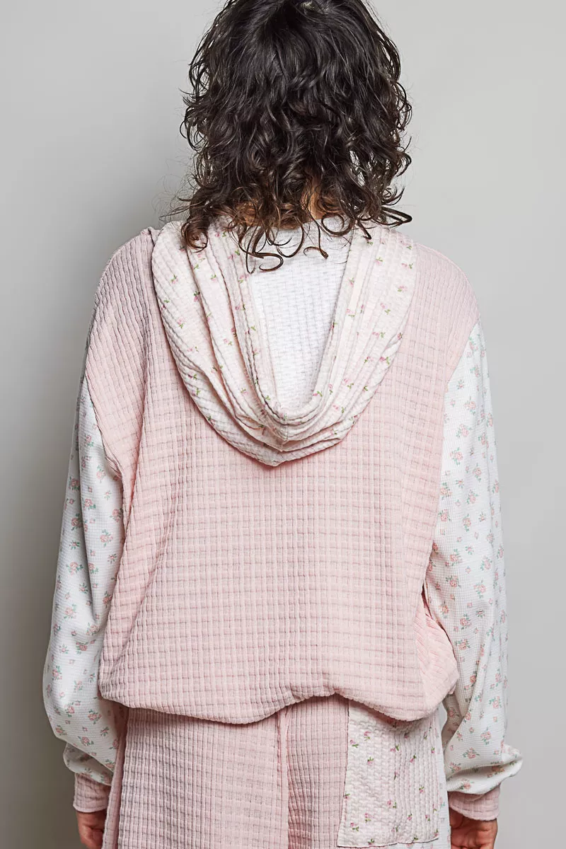 POL Mixed Knit Contrast Print Sleeve Hoodie with Kangaroo Pocket, image 3
