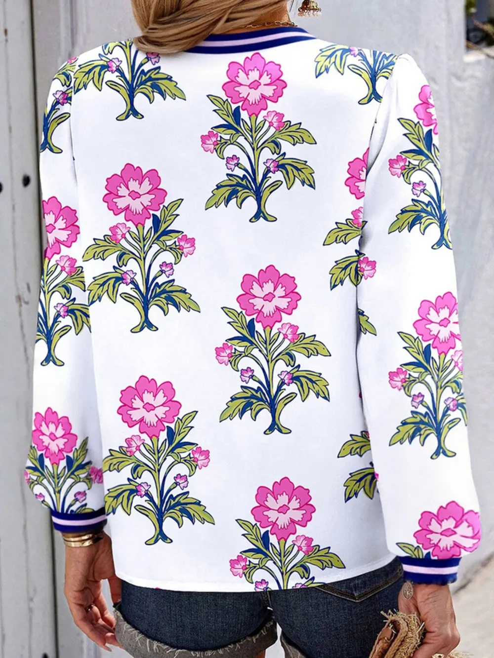 Floral Print Striped V Neck Blouse, image 2