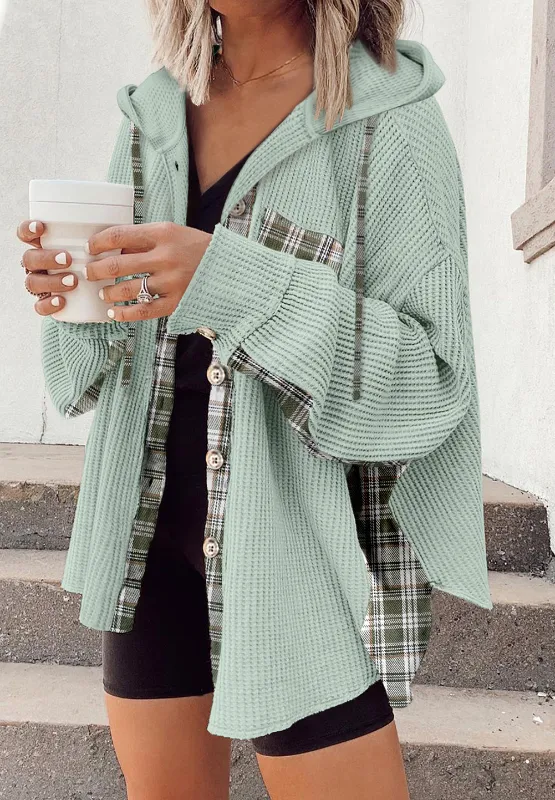Waffle Knit Plaid Patchwork Drawstring Hooded Shacket, image 5
