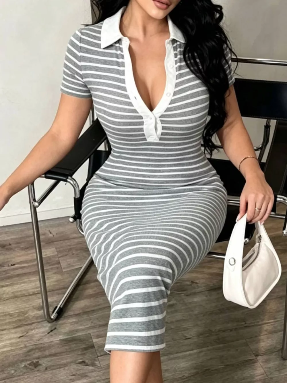 Striped Short Sleeve Bodycon Midi Dress, image 8