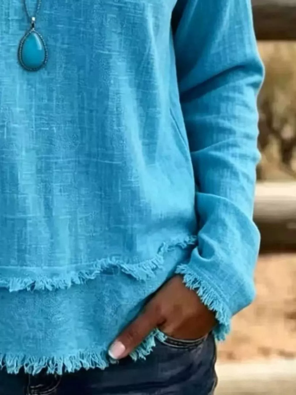 V-Neck Long Sleeve Blouse with Frayed Hem Detail, image 13