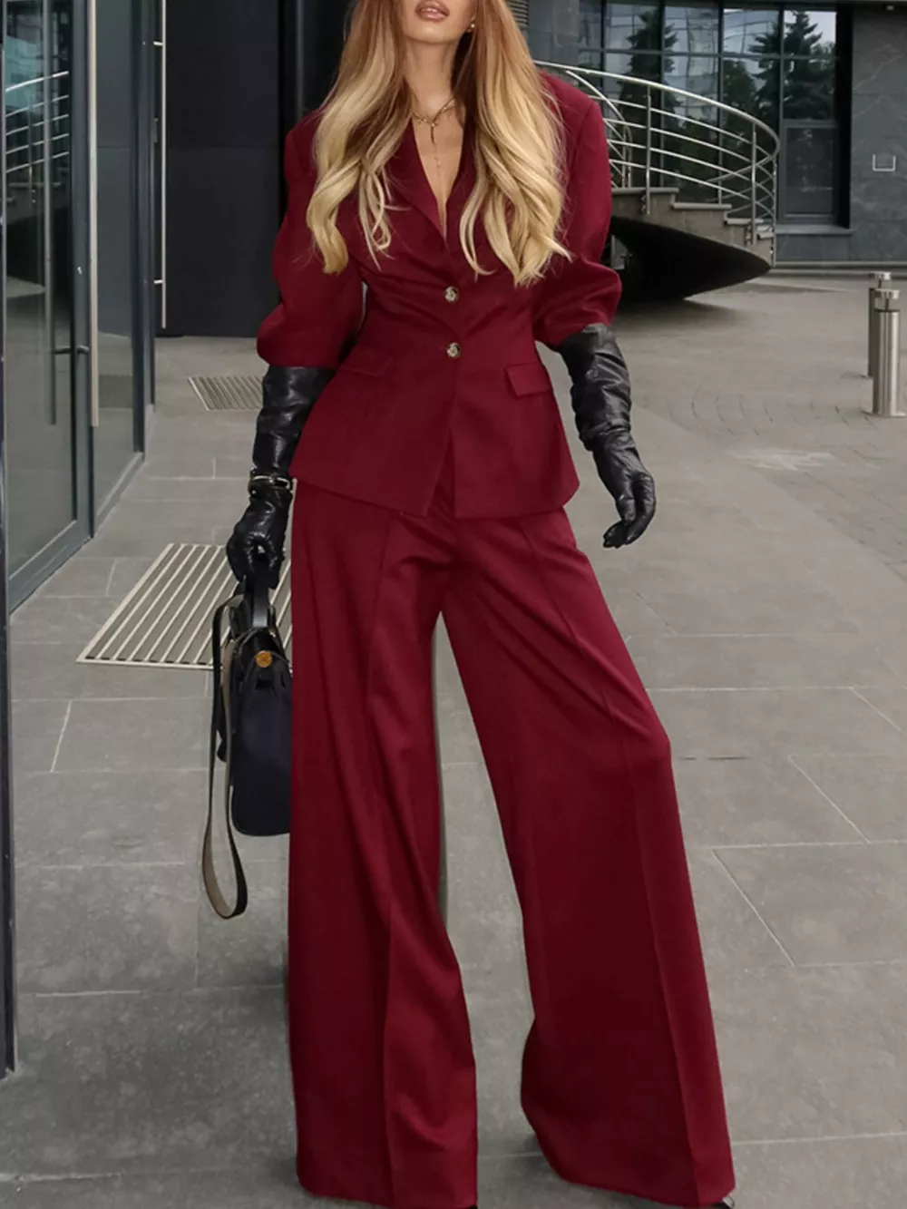 Lapel Collar Blazer and Wide-Leg Pants Set