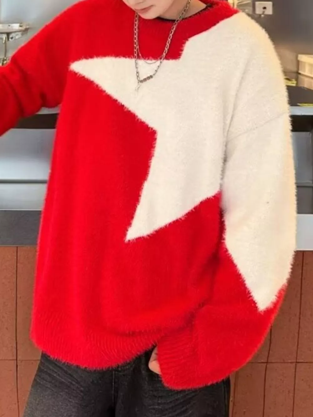 Men's Color Block Fuzzy Knit Sweater, image 4