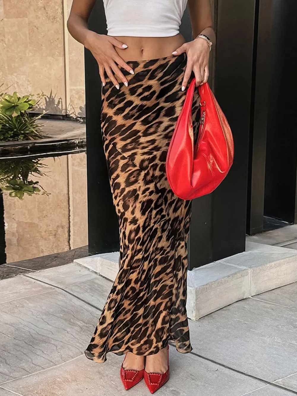 Leopard Print High Waist Flare Maxi Skirt, image 4
