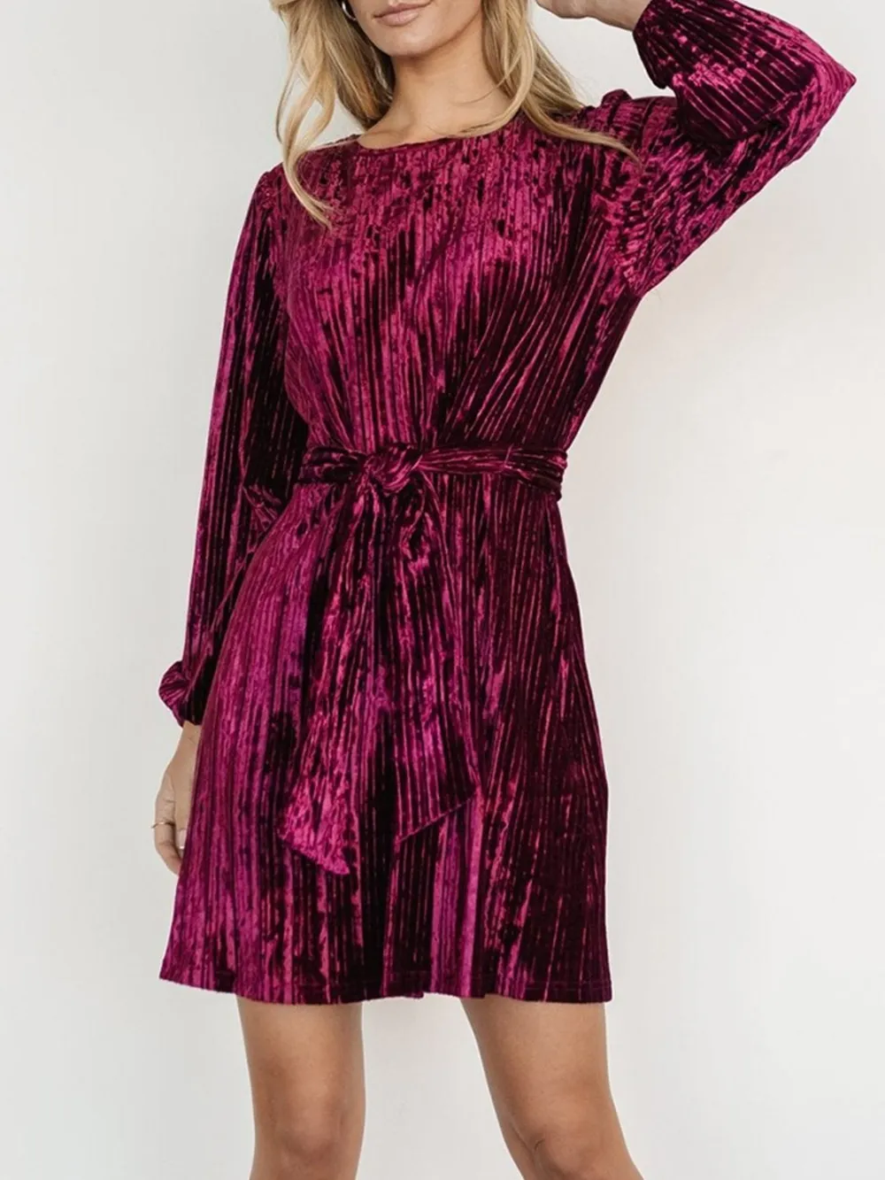 Velvet Round Neck Tie Waist Long Sleeve Mini Dress, image 5