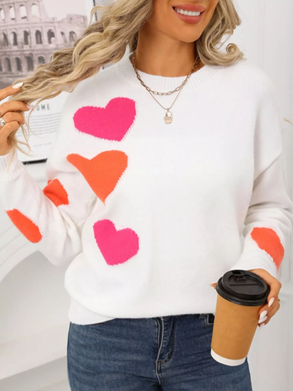 Valentine's Day Heart Pattern Round Neck Sweater, image 5