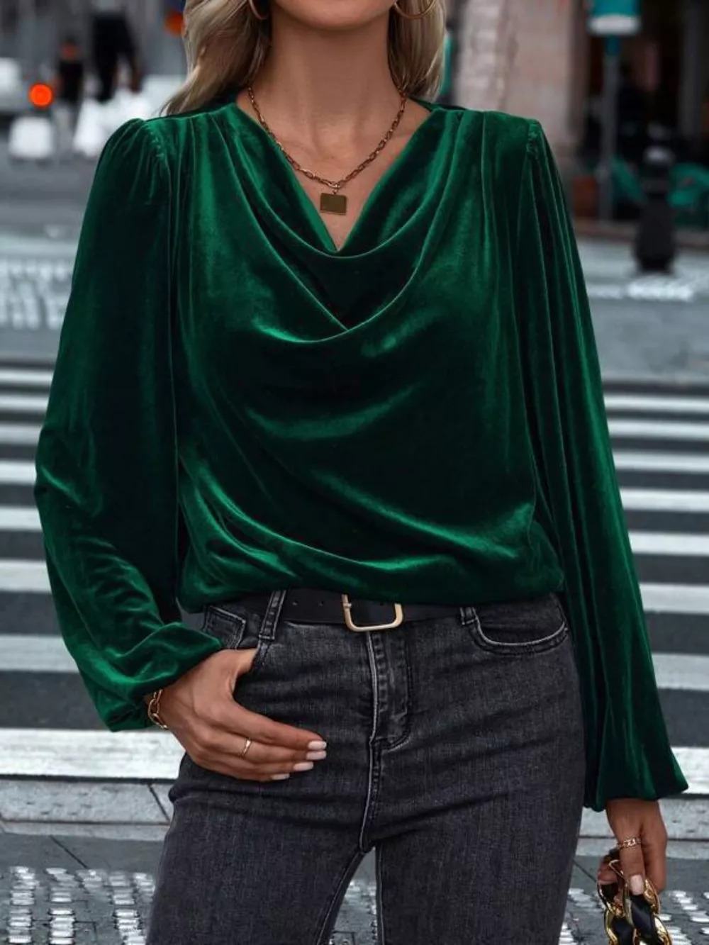 Velvet Cowl Neck Long Sleeve Blouse, image 2