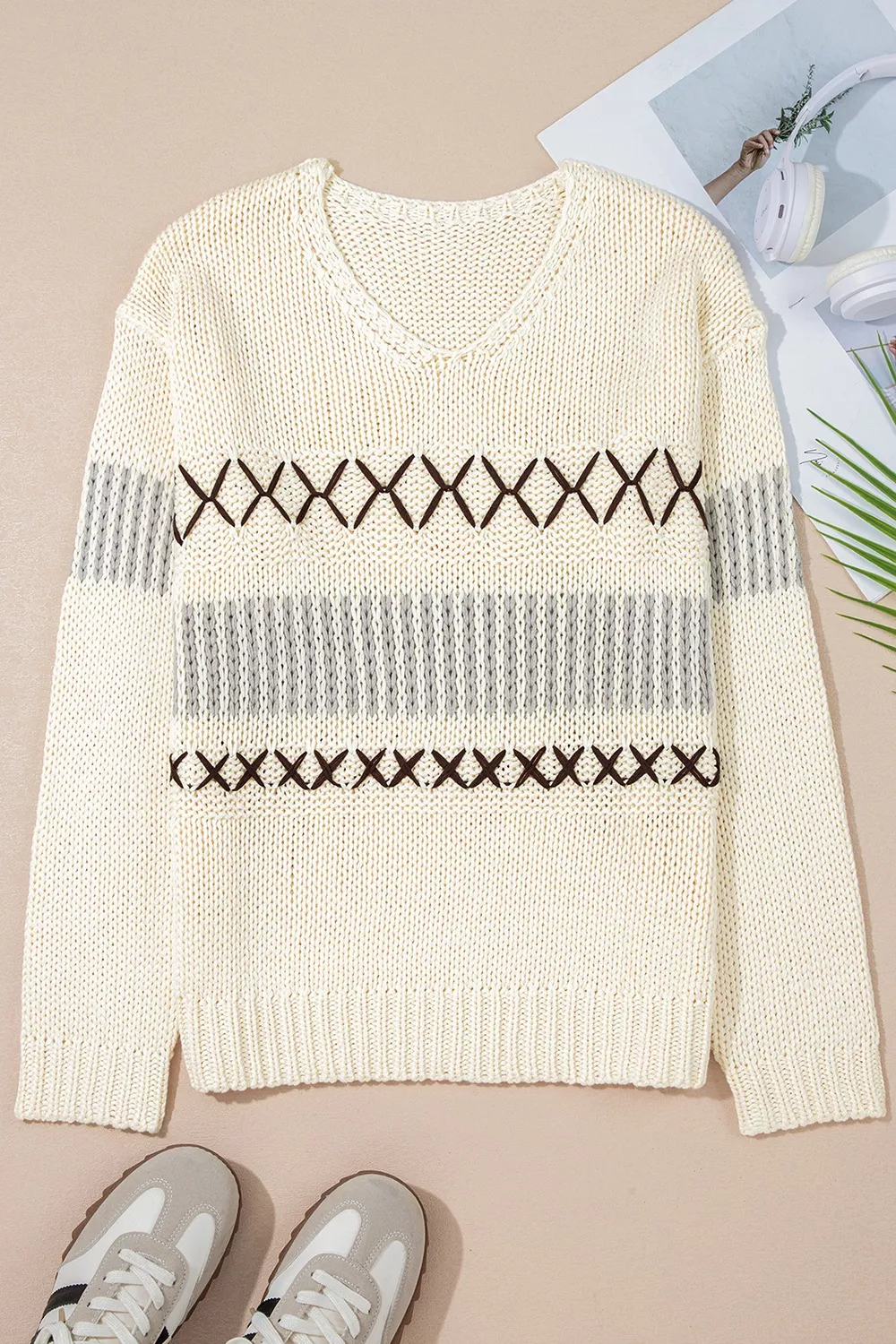 V-Neck Knit Long Sleeve Sweater, image 2