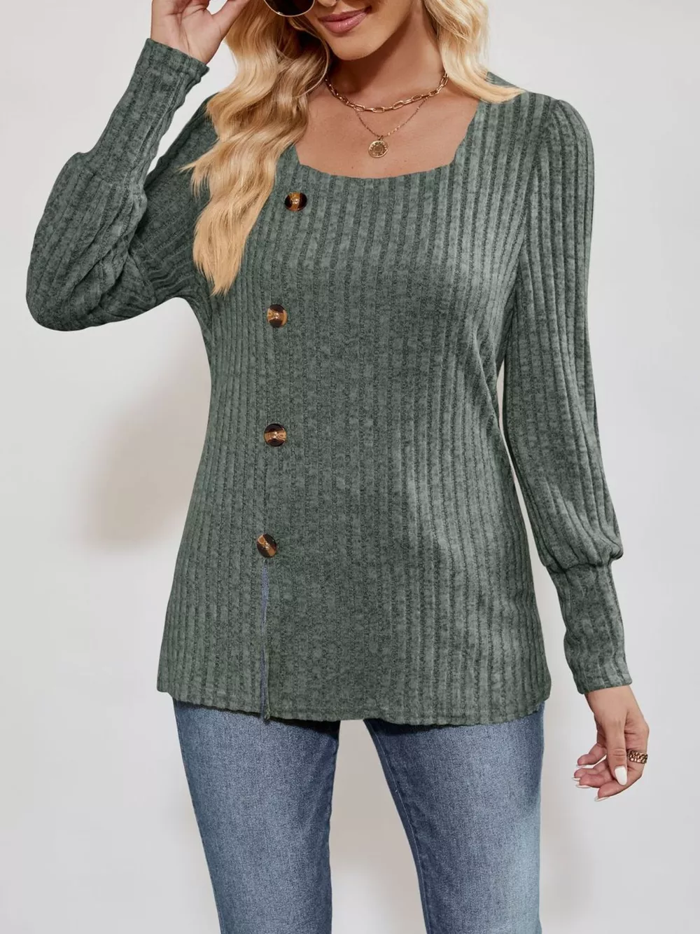 Ribbed Knit Slit Long Sleeve T-Shirt, image 13