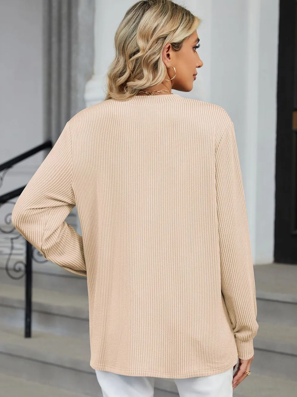 Striped Notched Long Sleeve T-Shirt, image 9