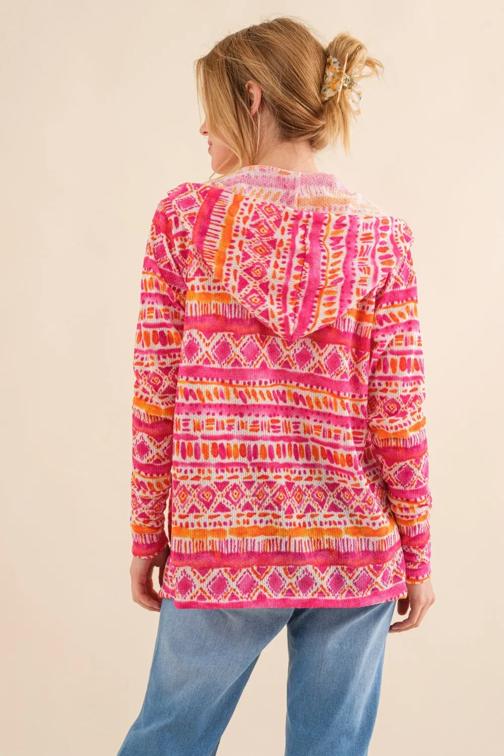 Full Size Printed Thermal Hooded Open Front Cardigan, image 2