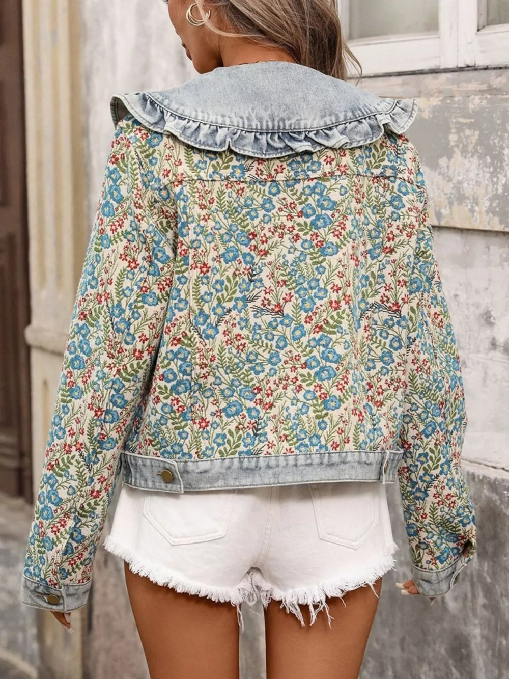 Floral Ruffle Collar Denim Jacket, image 4