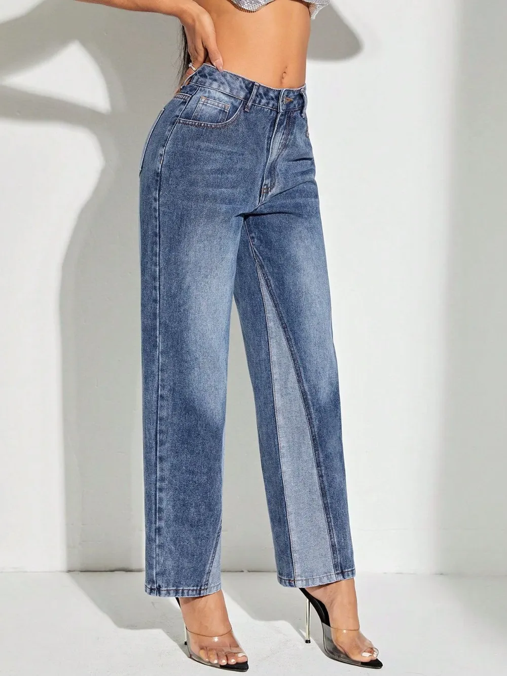 Contrast Patchwork Straight Jeans with Pockets, image 6