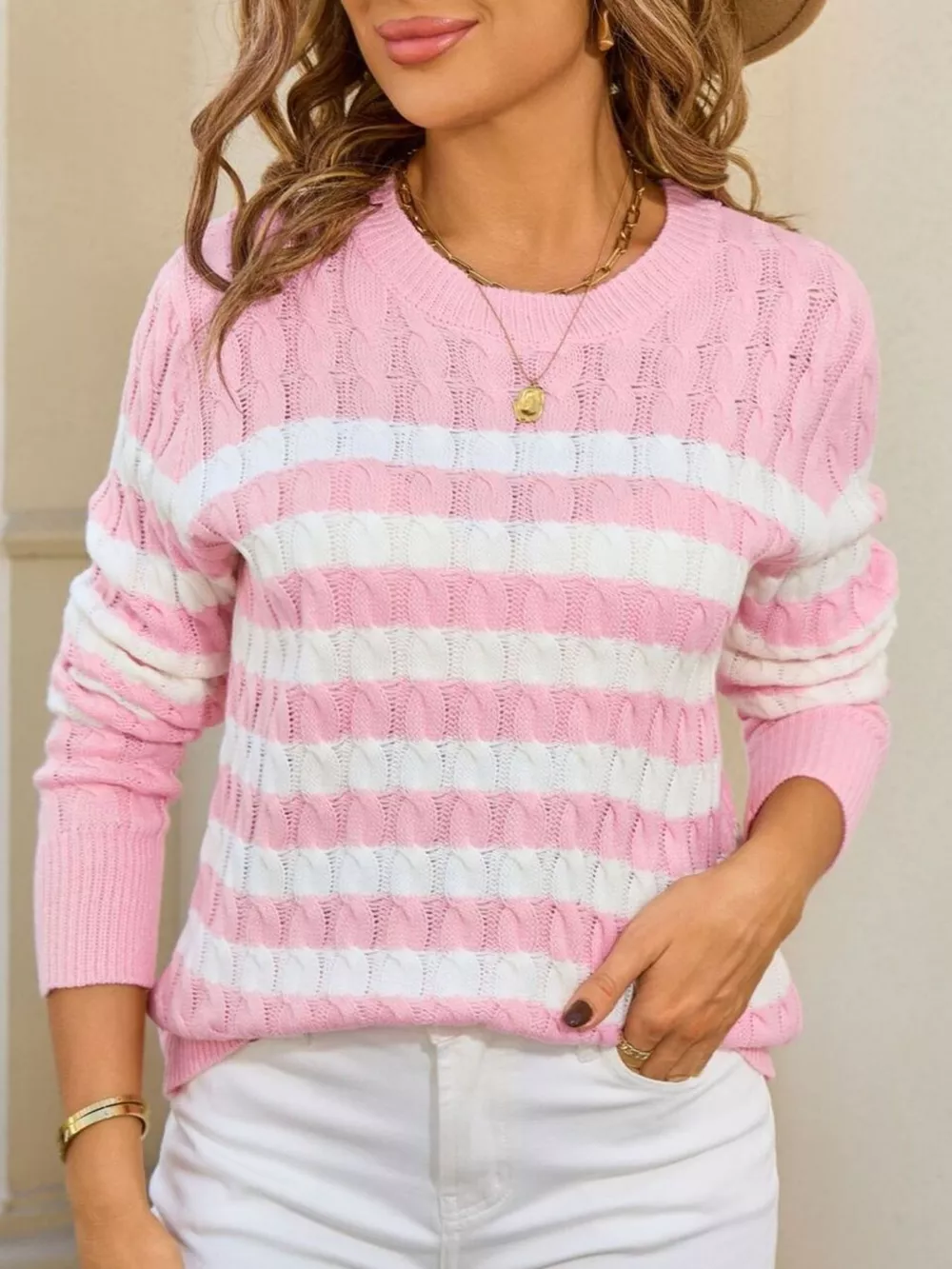 Striped Cable Knit Round Neck Sweater, image 13