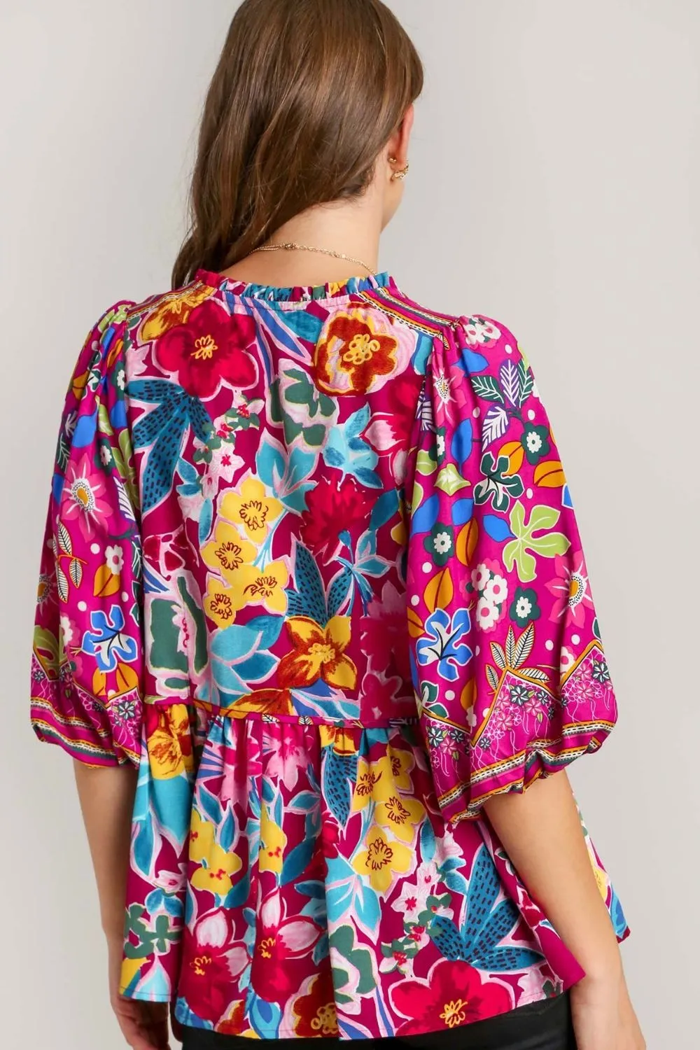 Full Size Floral Print Tie Neck Peplum Blouse Plus Size, image 3