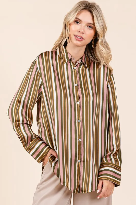 Striped Button Down Satin Shirt, image 3