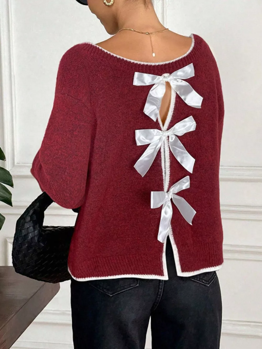 Back Bowknot Decor Round Neck Sweater, image 3