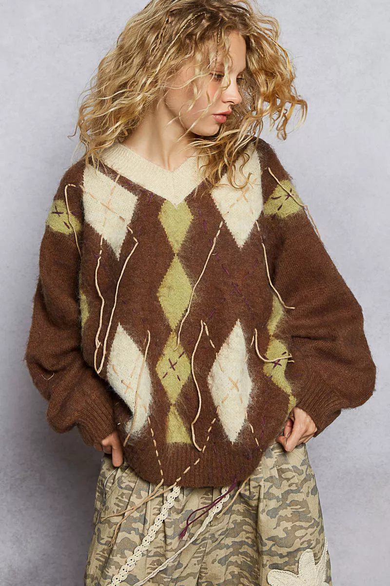 V-Neck Argyle Pattern Mohair Sweater with Contrast Exposed Stitch Detail, image 7