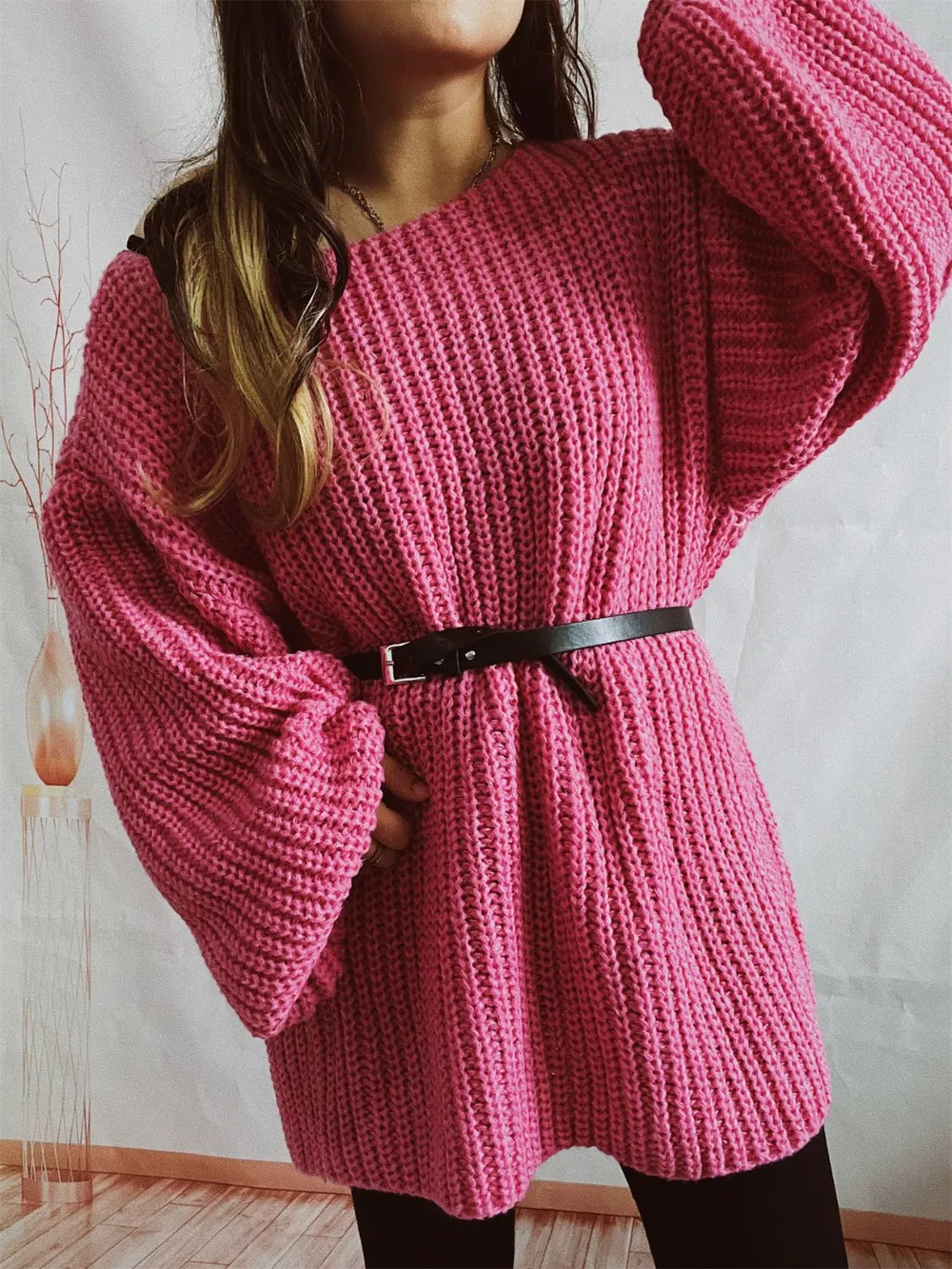 Boat Neck Long Sleeve Sweater with Belt, image 12
