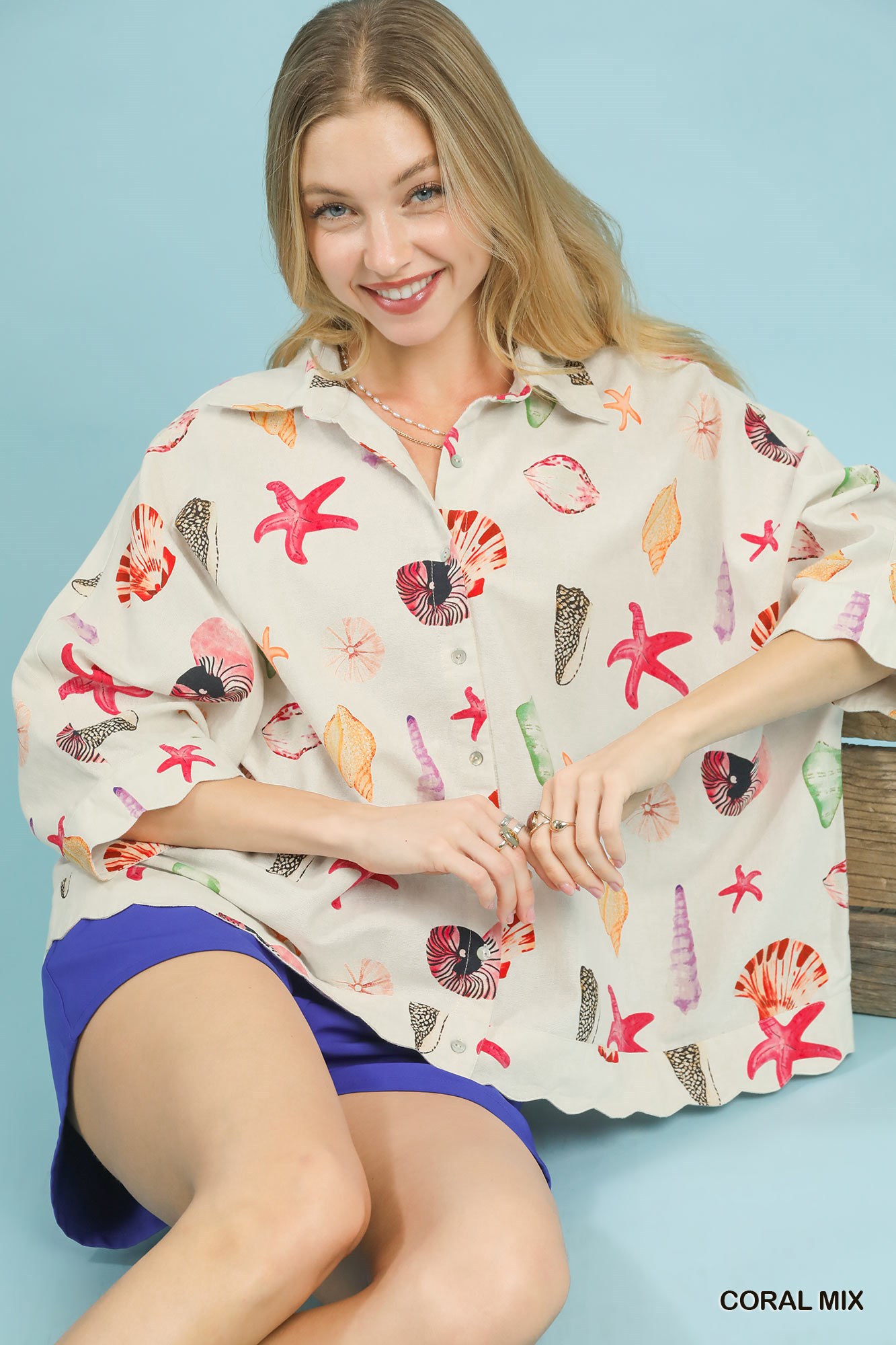 Seashell & Starfish Print Button-Down Top, image 2