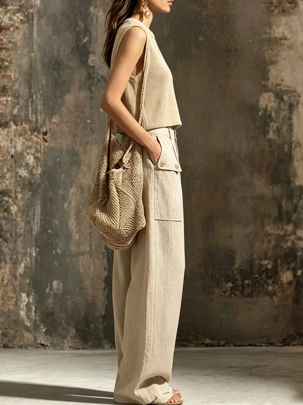 Sleeveless Crop Top and High-Waisted Wide-Leg Cargo Pants Set, image 2