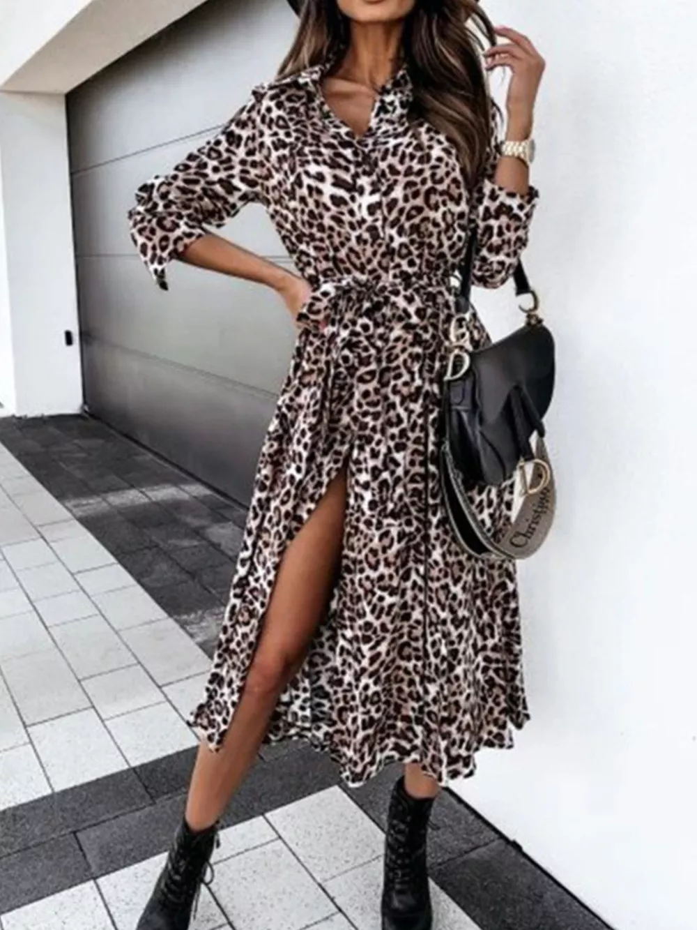 Leopard Print Button-Down Midi Dress with Belt, image 3