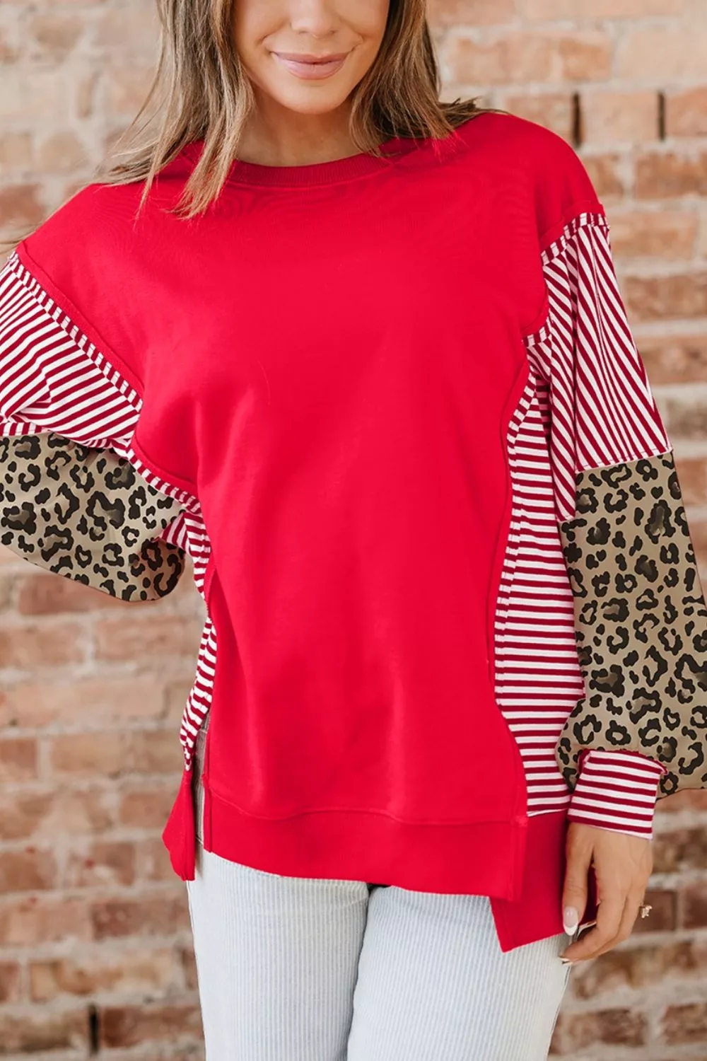 Leopard and Striped Patchwork Sleeves Sweatshirt, image 5