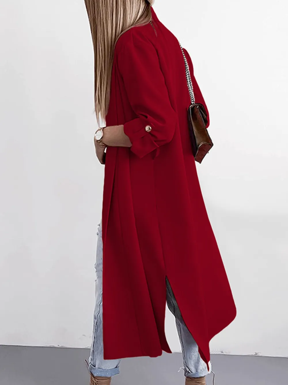 Slit Open Front Roll-Tab Sleeve Trench Coat, image 3