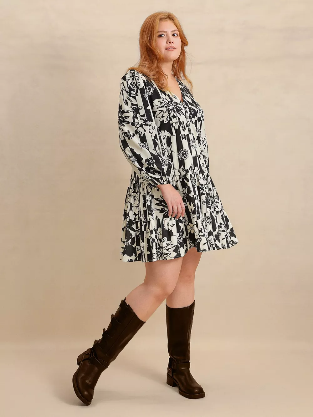 Plus Size Printed V-Neck Long Sleeve Mini Dress, image 3