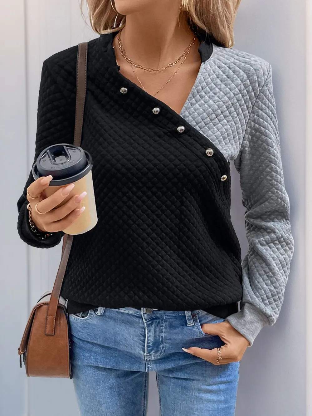 Decorative Button Contrast Long Sleeve Sweatshirt